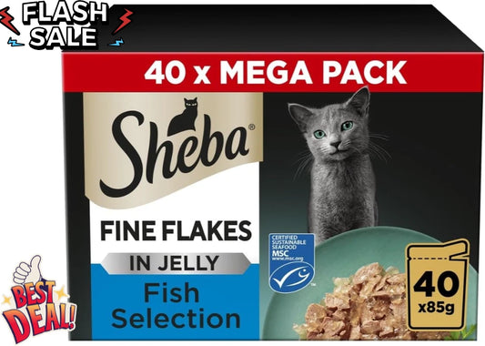 40 x 85g Sheba Fine Flakes Adult Wet Cat Food Pouches Mixed Poultry in Jelly