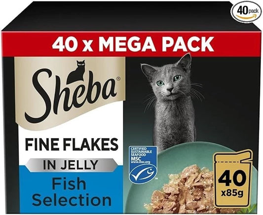 40 x 85g Sheba Fine Flakes Adult Wet Cat Food Pouches Mixed Poultry in Jelly