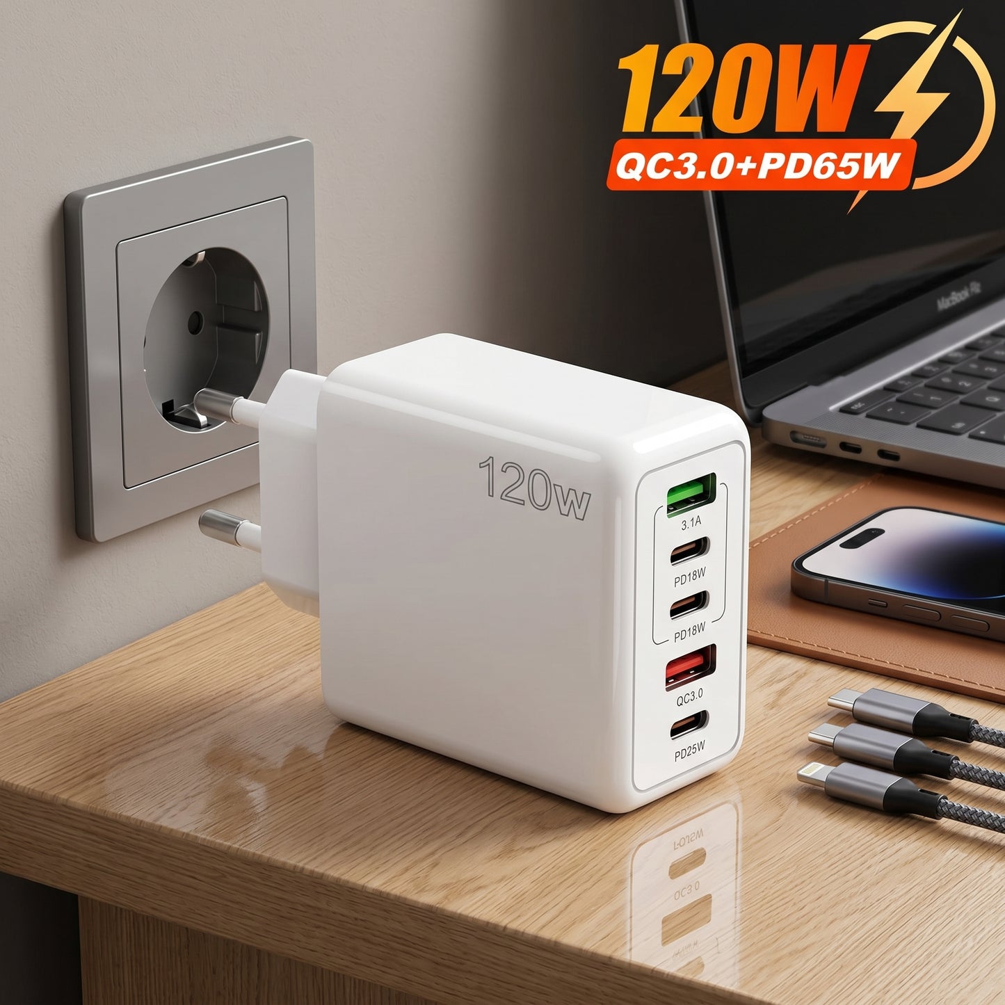 120W USB-C Fast Charger – 3 PD Ports + 2 USB | Universal Multi-Device Charging