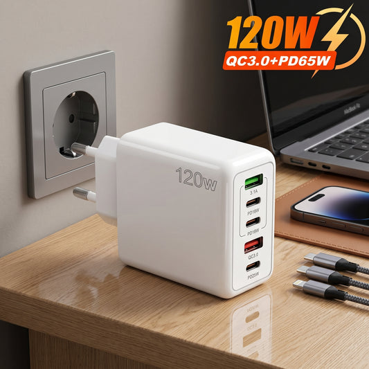 120W USB-C Fast Charger – 3 PD Ports + 2 USB | Universal Multi-Device Charging