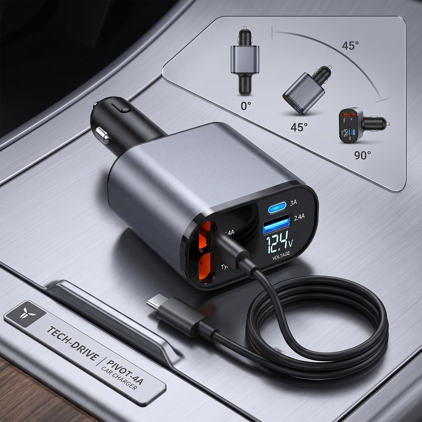 M4 5-in-1 Car Charger with Built-In Cables