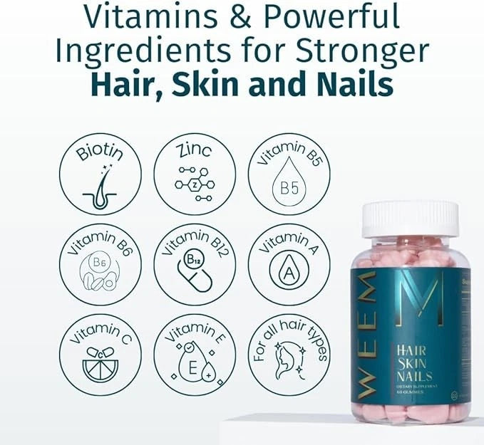 WEEM Hair Skin and Nails Gummies – Vegan Biotin Vitamins for Healthy Hair, Glowing Skin & Strong Nails